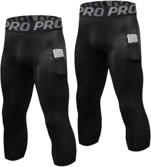 3/4 Compression Pants for Men with Pockets Capri Sports Legging Basketball Running Tights Cool Dry Workout Baselayer