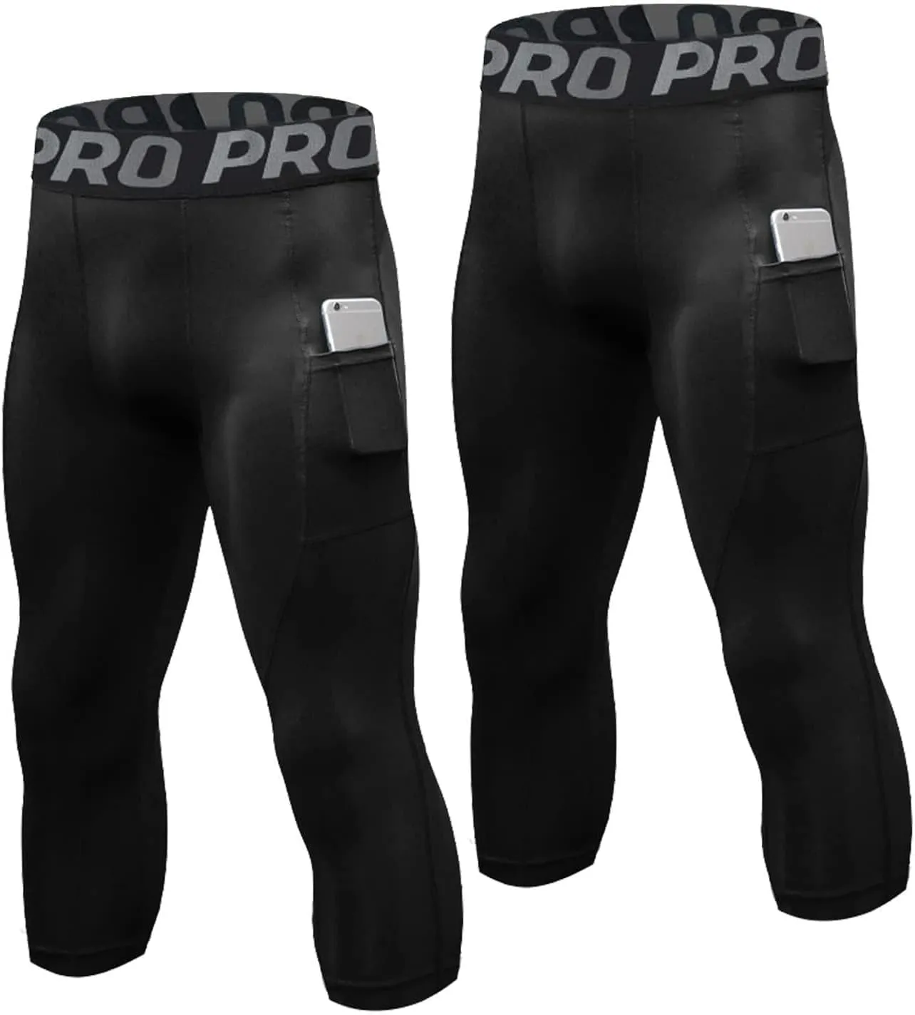3/4 Compression Pants for Men with Pockets Capri Sports Legging Basketball Running Tights Cool Dry Workout Baselayer