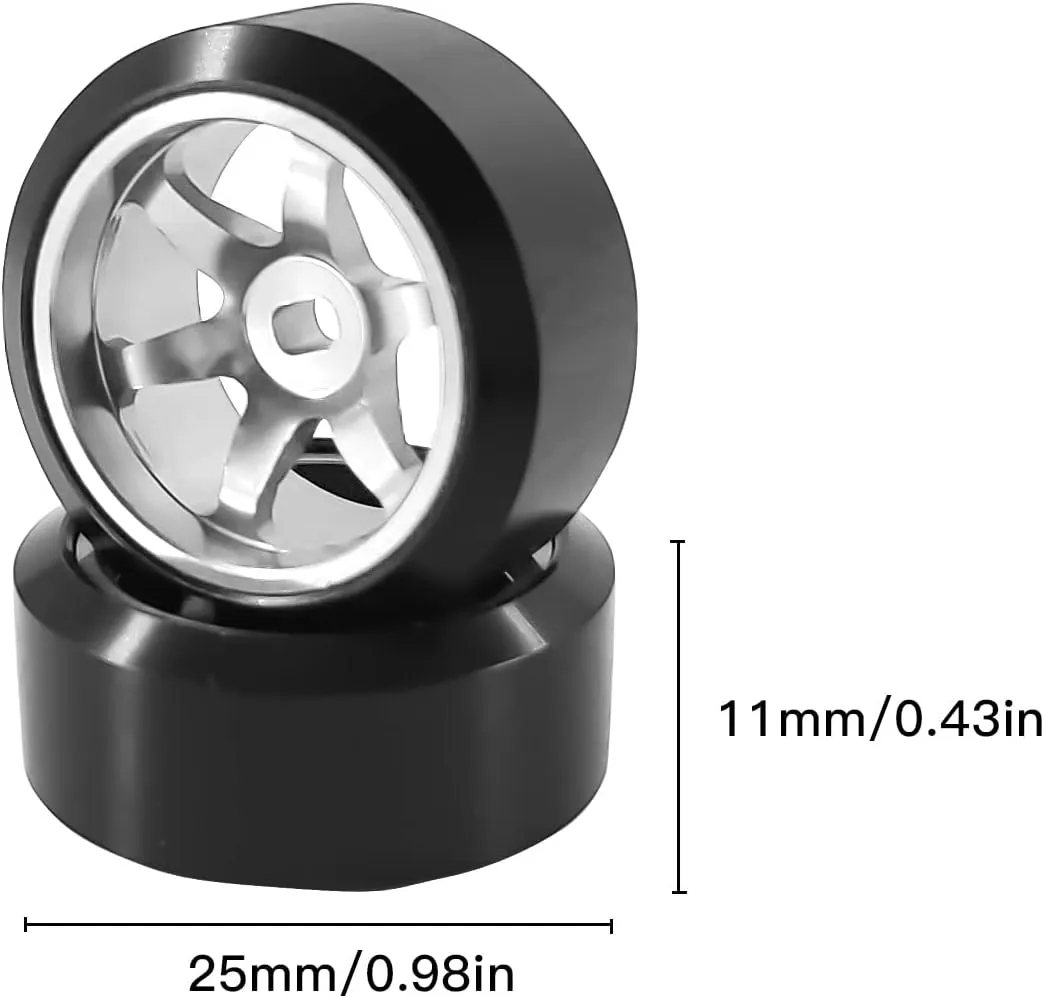 6 Spoke Wheel Rims & Rc Car Drift Tires for 1/28 RC Hobby Model Car, [2*N 2*W] 4 Pcs 20mm Aluminum Alloy Rims for Wltoys K969 K989 P929 AWD XRX AMZ WL DRZ GLA BZ (Silver Drift)