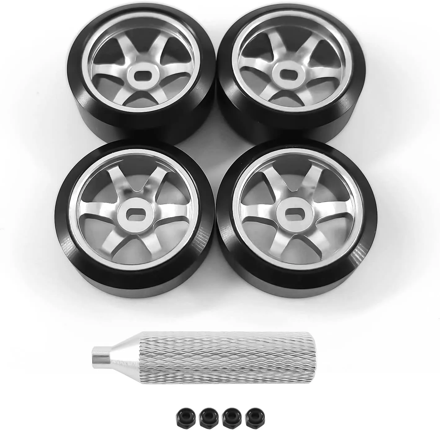 6 Spoke Wheel Rims & Rc Car Drift Tires for 1/28 RC Hobby Model Car, [2*N 2*W] 4 Pcs 20mm Aluminum Alloy Rims for Wltoys K969 K989 P929 AWD XRX AMZ WL DRZ GLA BZ (Silver Drift)