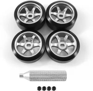 6 Spoke Wheel Rims & Rc Car Drift Tires for 1/28 RC Hobby Model Car, [2*N 2*W] 4 Pcs 20mm Aluminum Alloy Rims for Wltoys K969 K989 P929 AWD XRX AMZ WL DRZ GLA BZ (Silver Drift)