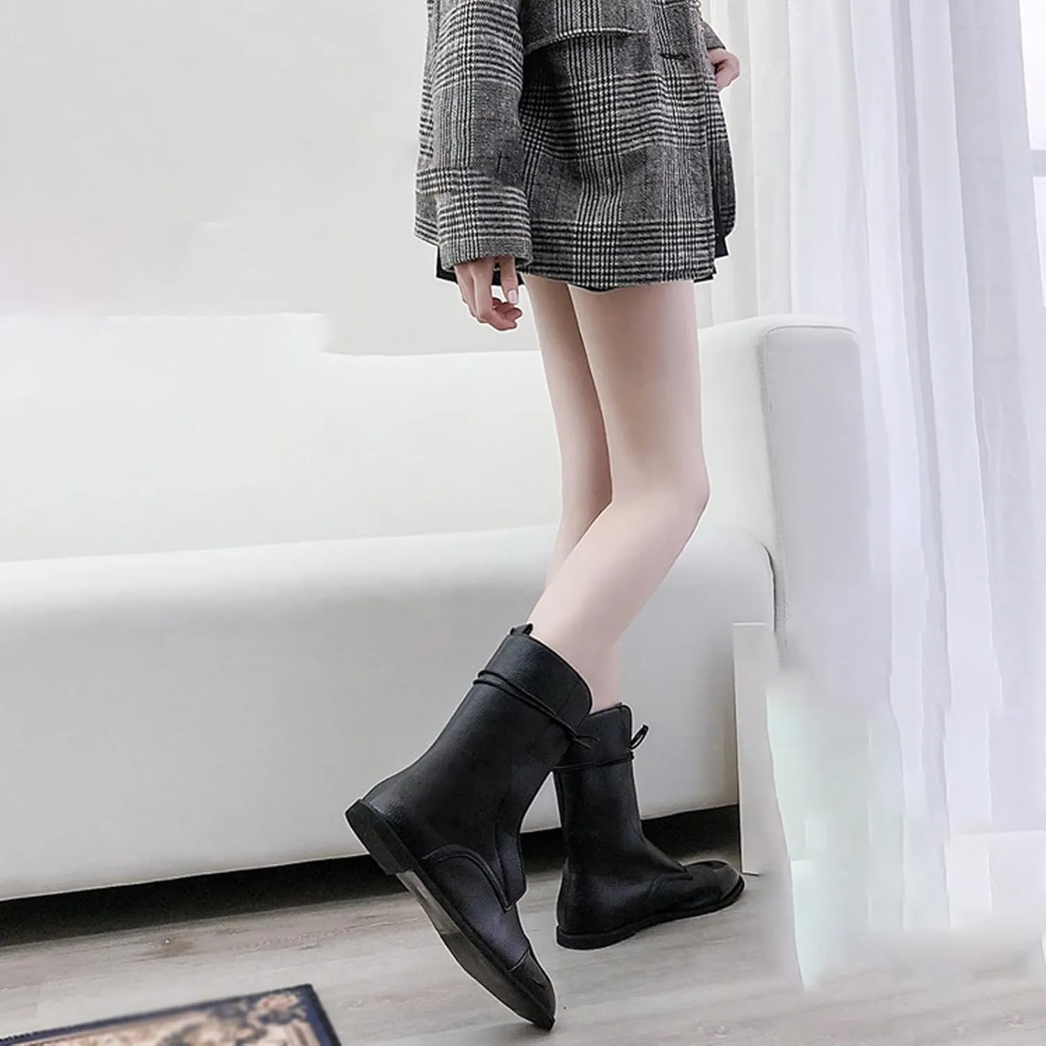 AMAZIDEAL Women's Leather Lace-up Military Flat Mid-Calf Boots,Fashion Round Toe Square Heel Combat Boots,Comfortable Non-slip Dress Motorcycle Boot