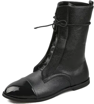 AMAZIDEAL Women's Leather Lace-up Military Flat Mid-Calf Boots,Fashion Round Toe Square Heel Combat Boots,Comfortable Non-slip Dress Motorcycle Boot