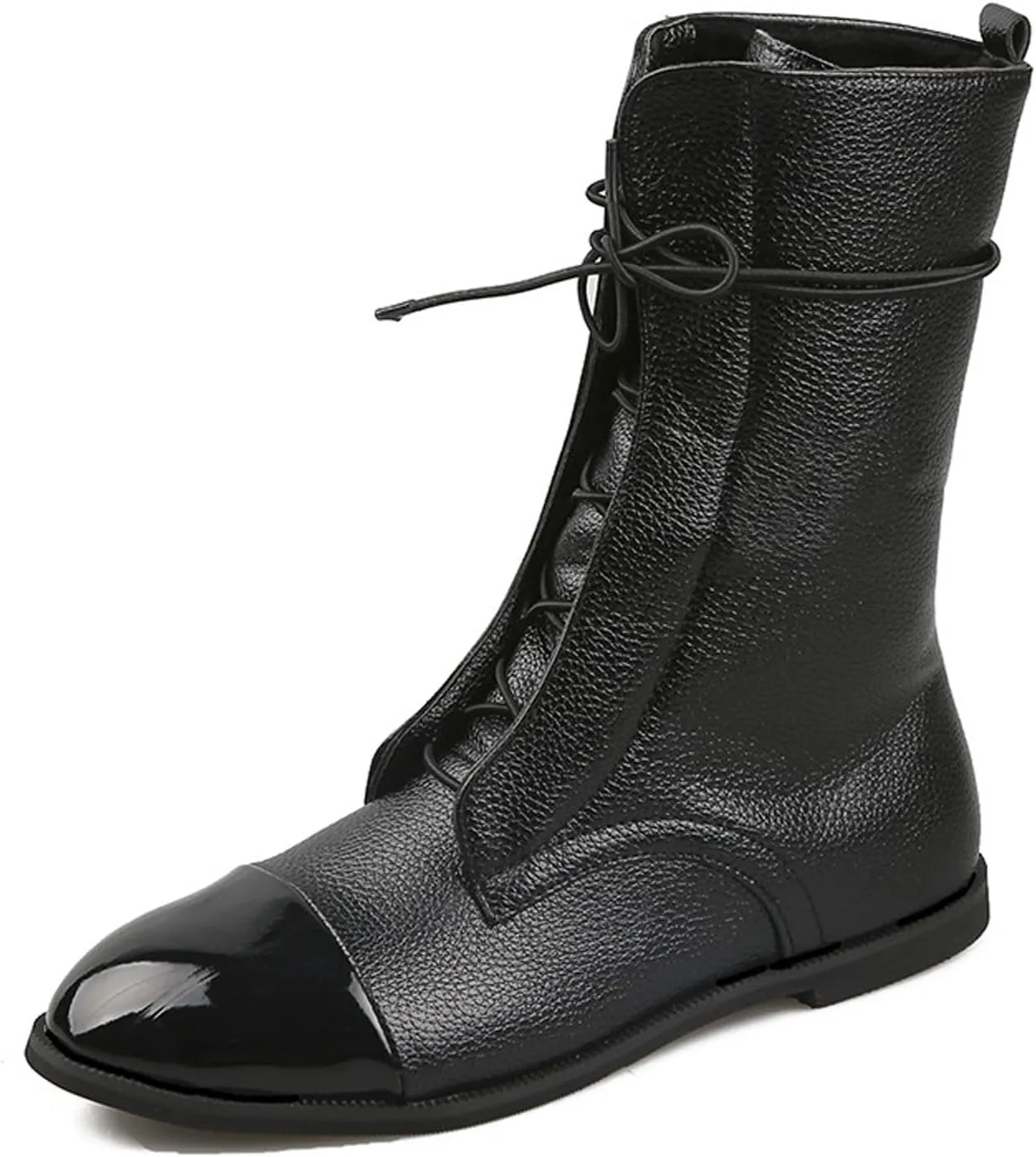 AMAZIDEAL Women's Leather Lace-up Military Flat Mid-Calf Boots,Fashion Round Toe Square Heel Combat Boots,Comfortable Non-slip Dress Motorcycle Boot
