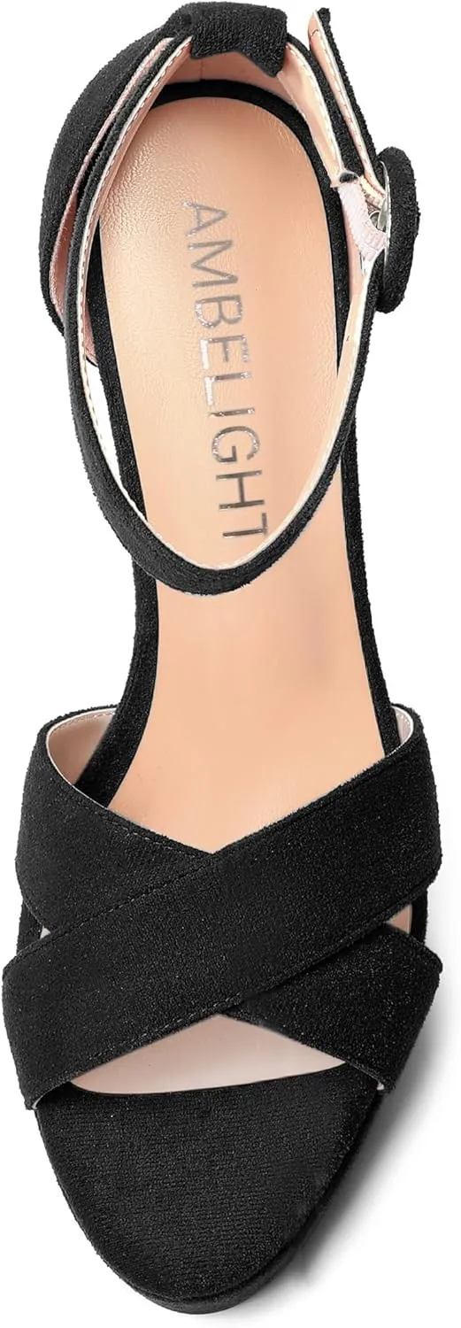 AMBELIGHT Womens Suede Heels Night Club Women Shoes Dress Platform Ankle Strap Open Toe Chunky High Heel Sandals 5 Inch