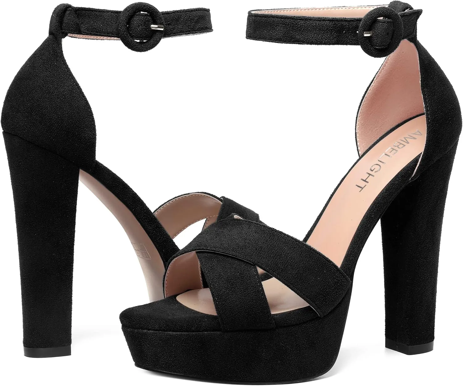 AMBELIGHT Womens Suede Heels Night Club Women Shoes Dress Platform Ankle Strap Open Toe Chunky High Heel Sandals 5 Inch