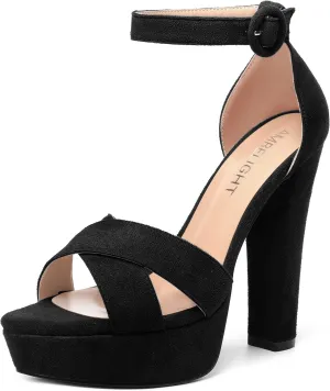 AMBELIGHT Womens Suede Heels Night Club Women Shoes Dress Platform Ankle Strap Open Toe Chunky High Heel Sandals 5 Inch