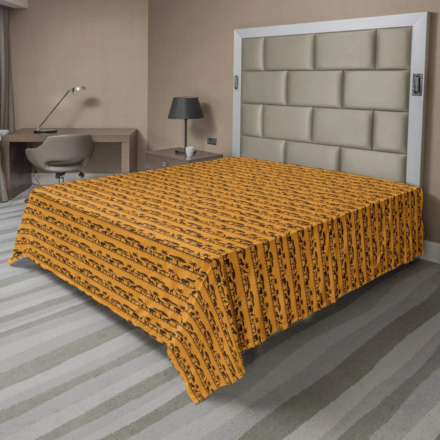 Ambesonne Elephant Flat Sheet, Bicolour Style Repetitive Indigenous Animals Giraffe Lion and Trees, Soft Comfortable Top Sheet Decorative Bedding 1 Piece, King Size, Marigold Brown