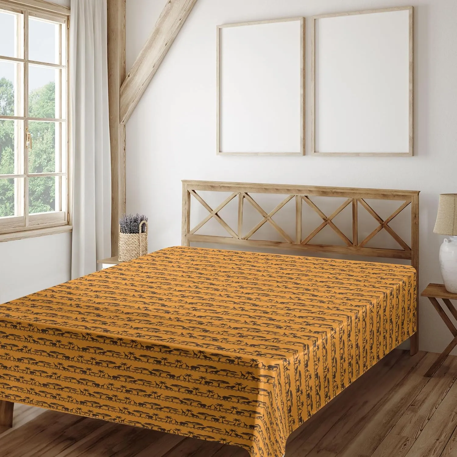 Ambesonne Elephant Flat Sheet, Bicolour Style Repetitive Indigenous Animals Giraffe Lion and Trees, Soft Comfortable Top Sheet Decorative Bedding 1 Piece, King Size, Marigold Brown