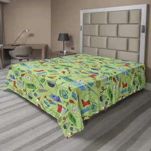 Ambesonne Fishing Theme Flat Sheet, Angling and Camping Elements Rods Bags Tents Fishes and Boats, Soft Comfortable Top Sheet Decorative Bedding 1 Piece, Queen Size, Pastel Green Multicolor