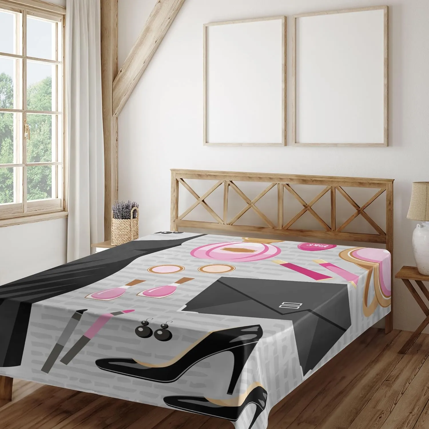 Ambesonne Heels and Dresses Flat Sheet, Black Smart Cocktail Dress Perfume Make up Clutch Bag, Soft Comfortable Top Sheet Decorative Bedding 1 Piece, Queen Size, Pale Brown Pale Pink