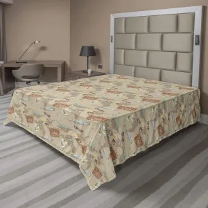 Ambesonne Travel Flat Sheet, Repeating Pattern with Plane Bag Camera and World Map Vintage Retro Style Print, Soft Comfortable Top Sheet Decorative Bedding 1 Piece, California King, Multicolor