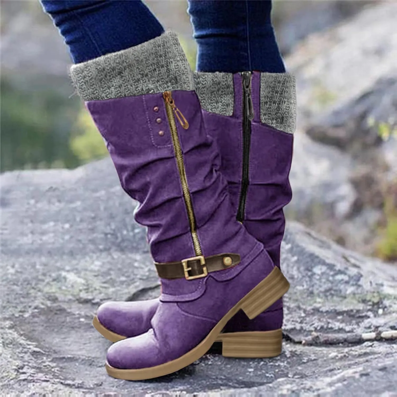 AMDBEL Boots for Women Knee High Wide Calf Boots Low Heel Boots Fashion Comfortable Zipper Long Boots Fall Winter Shoes