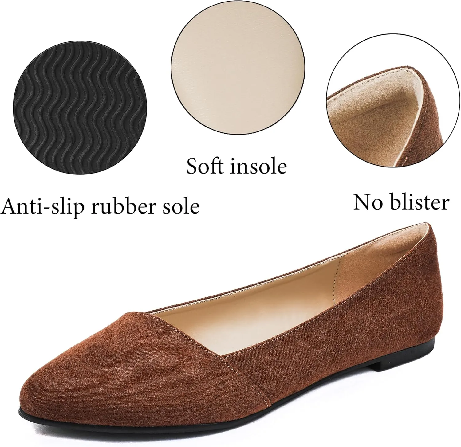 Ataiwee Women's Wide Width Flat Shoes, Classic Dressy Pointed Suede Cozy Slip on Soft Ballet Flats.