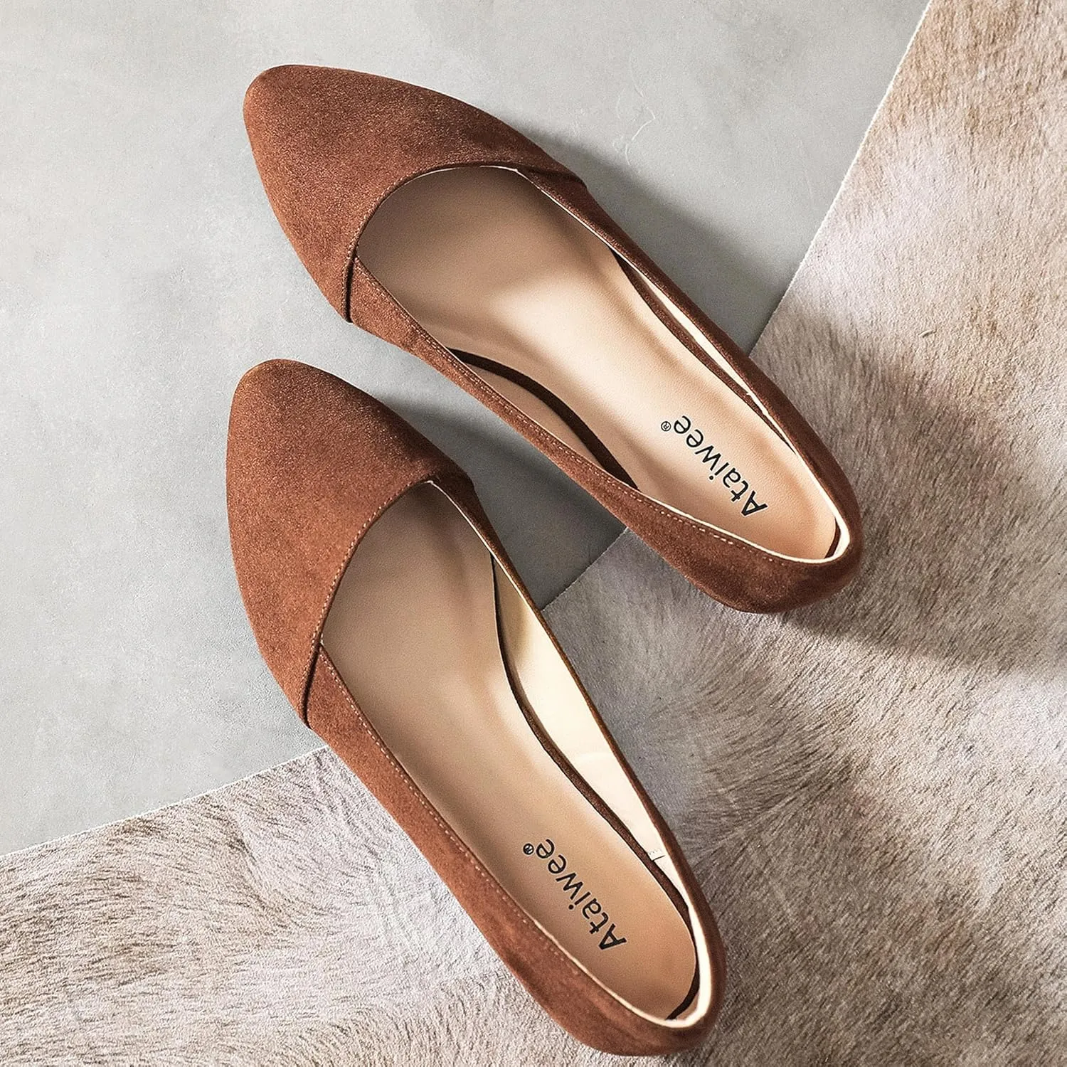 Ataiwee Women's Wide Width Flat Shoes, Classic Dressy Pointed Suede Cozy Slip on Soft Ballet Flats.