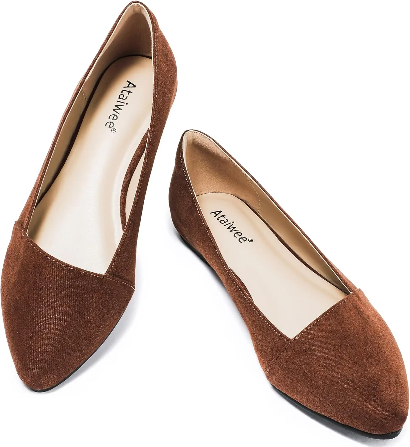Ataiwee Women's Wide Width Flat Shoes, Classic Dressy Pointed Suede Cozy Slip on Soft Ballet Flats.