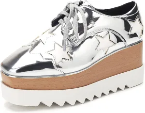Autumn Women Flat Platform Casual Shoes Inner Heightening Wedge Shoes Stylish Platform Sneakers Women's Comfortable All-Match Shoes (Color : Silver, Shoe Size : 5)