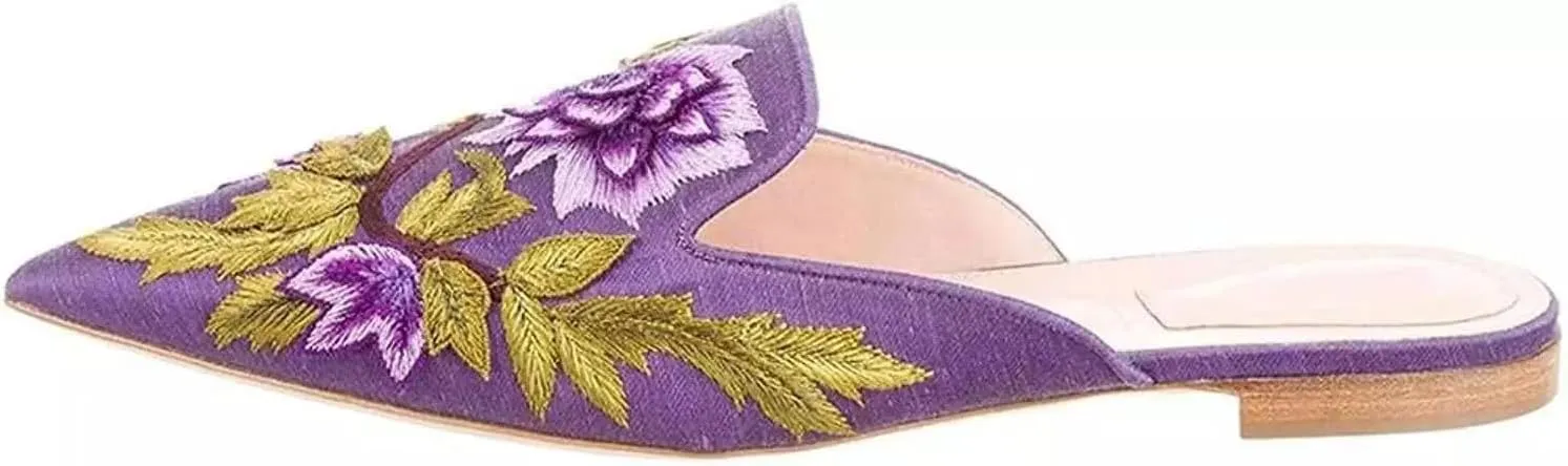 Axellion Comfortable Embroidered Mules for Women, Slip-on Backless Loafers with Pointed Toe, Stylish Flat Slides for Casual & Business Wear