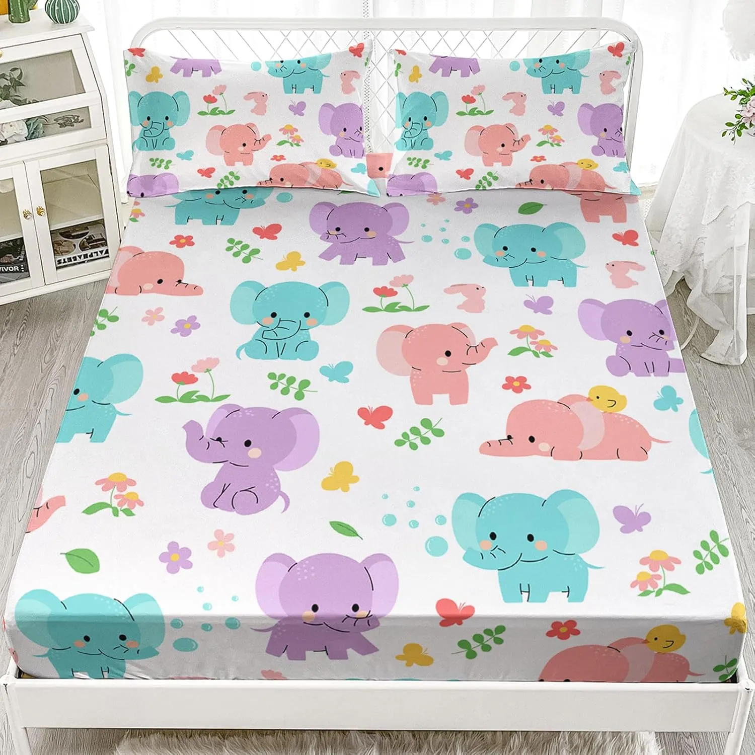 Axolotl Cartoon Elephant Sheets Set Queen,Elephant Bed Sheet,Elephant Fitted Sheets,Floral Fitted Sheet,Elephant Flat Sheet Cute Bedding for Kids Girls Teens,1 Flat Sheet 1 Fitted Sheet 2 Pillowcases