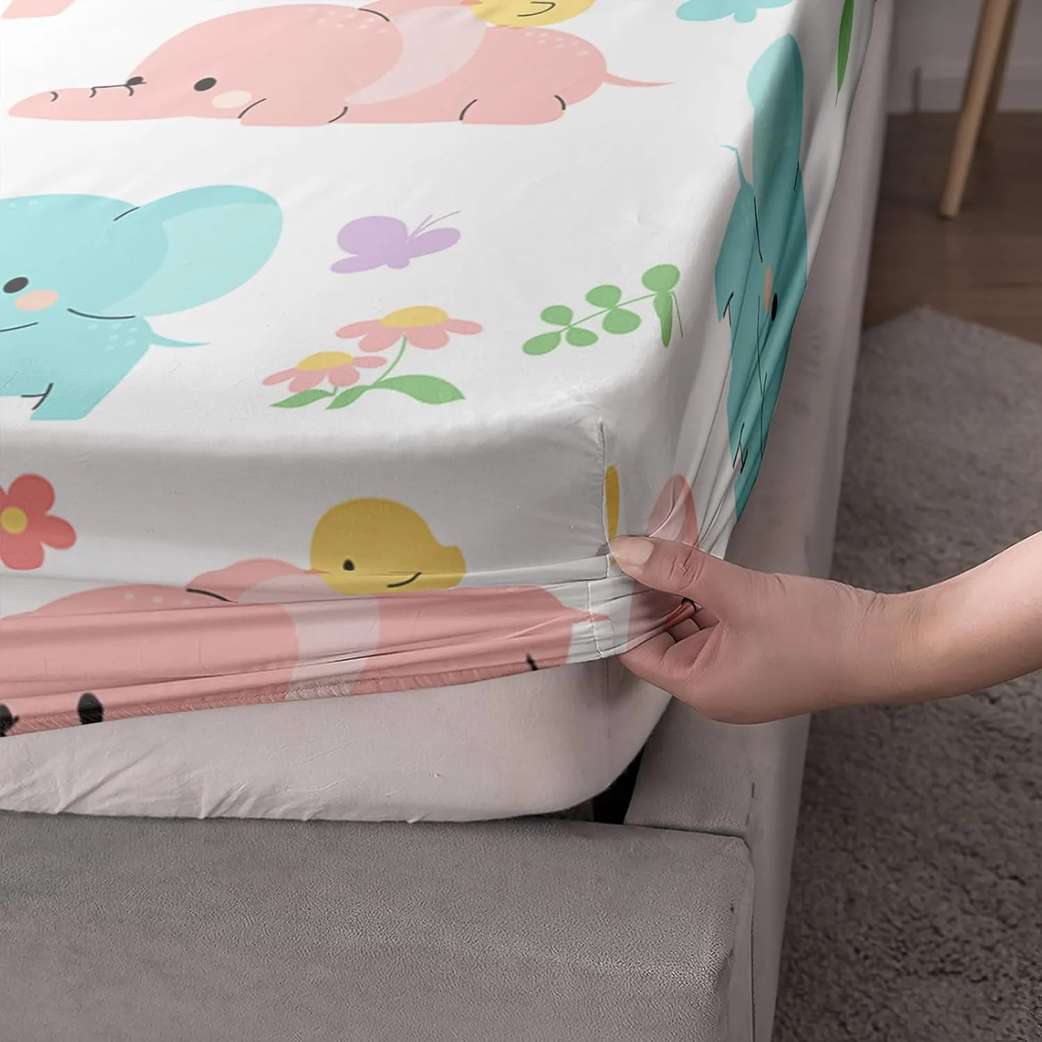 Axolotl Cartoon Elephant Sheets Set Queen,Elephant Bed Sheet,Elephant Fitted Sheets,Floral Fitted Sheet,Elephant Flat Sheet Cute Bedding for Kids Girls Teens,1 Flat Sheet 1 Fitted Sheet 2 Pillowcases