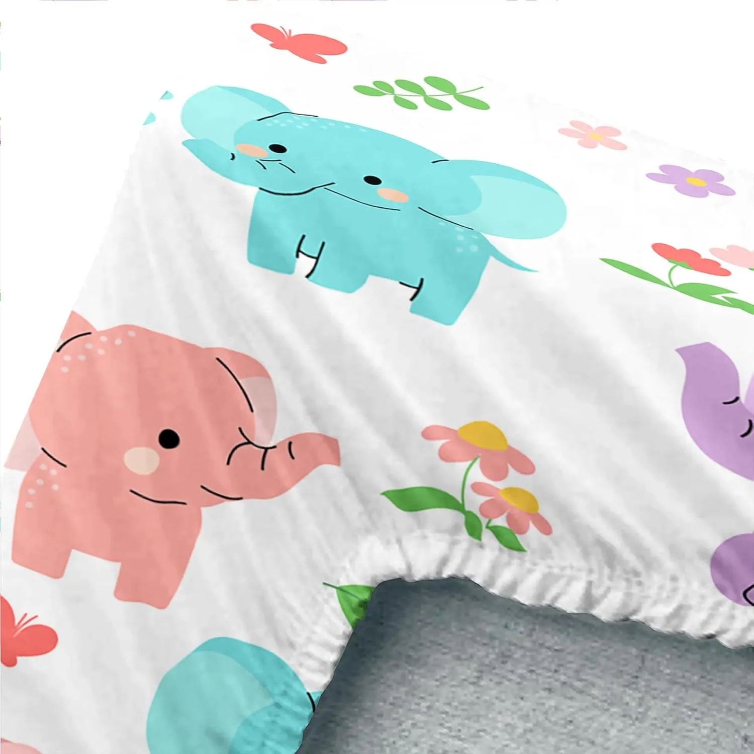 Axolotl Cartoon Elephant Sheets Set Queen,Elephant Bed Sheet,Elephant Fitted Sheets,Floral Fitted Sheet,Elephant Flat Sheet Cute Bedding for Kids Girls Teens,1 Flat Sheet 1 Fitted Sheet 2 Pillowcases