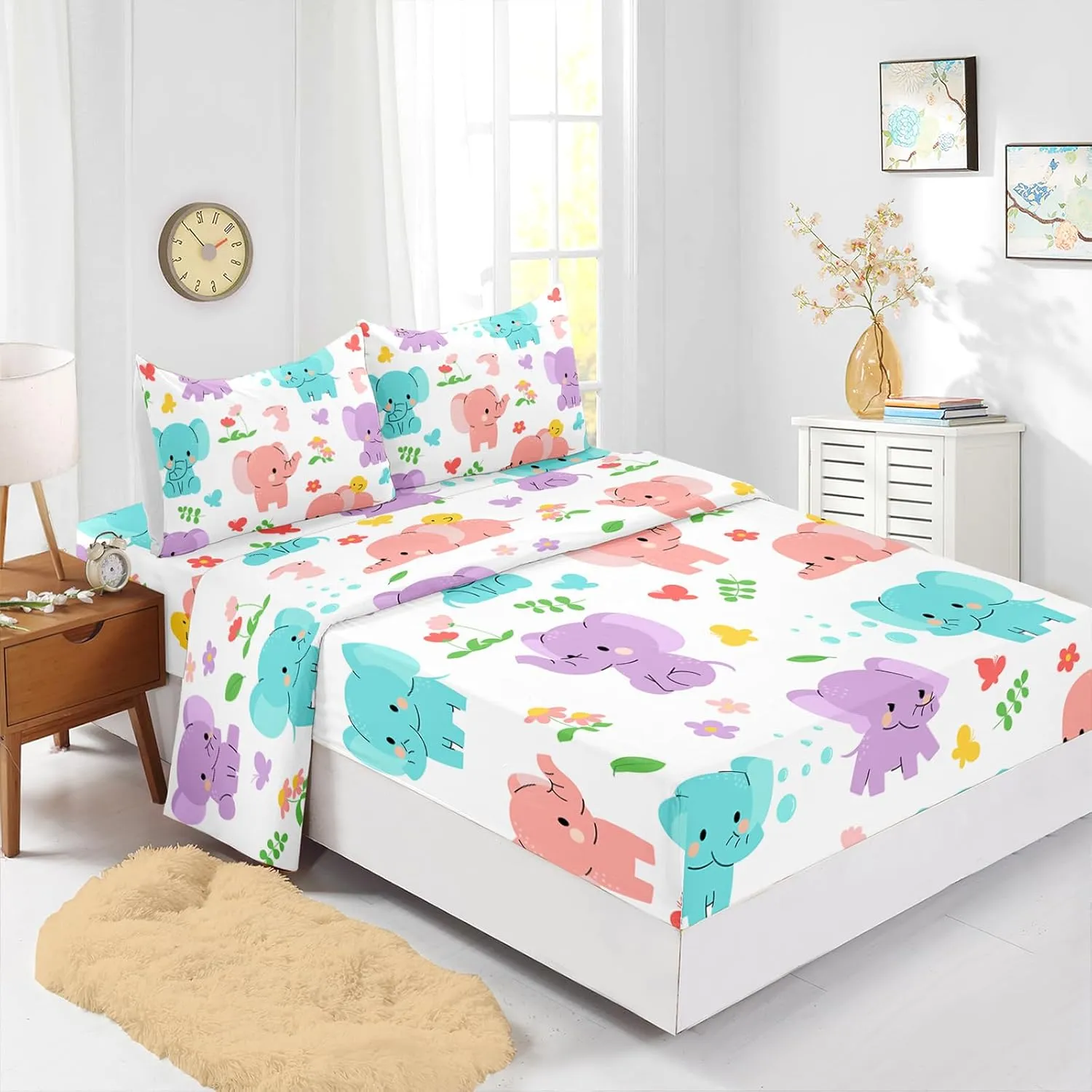 Axolotl Cartoon Elephant Sheets Set Queen,Elephant Bed Sheet,Elephant Fitted Sheets,Floral Fitted Sheet,Elephant Flat Sheet Cute Bedding for Kids Girls Teens,1 Flat Sheet 1 Fitted Sheet 2 Pillowcases