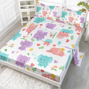 Axolotl Cartoon Elephant Sheets Set Queen,Elephant Bed Sheet,Elephant Fitted Sheets,Floral Fitted Sheet,Elephant Flat Sheet Cute Bedding for Kids Girls Teens,1 Flat Sheet 1 Fitted Sheet 2 Pillowcases