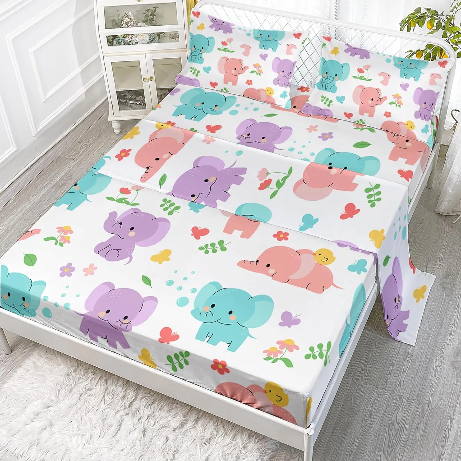 Axolotl Cartoon Elephant Sheets Set Queen,Elephant Bed Sheet,Elephant Fitted Sheets,Floral Fitted Sheet,Elephant Flat Sheet Cute Bedding for Kids Girls Teens,1 Flat Sheet 1 Fitted Sheet 2 Pillowcases