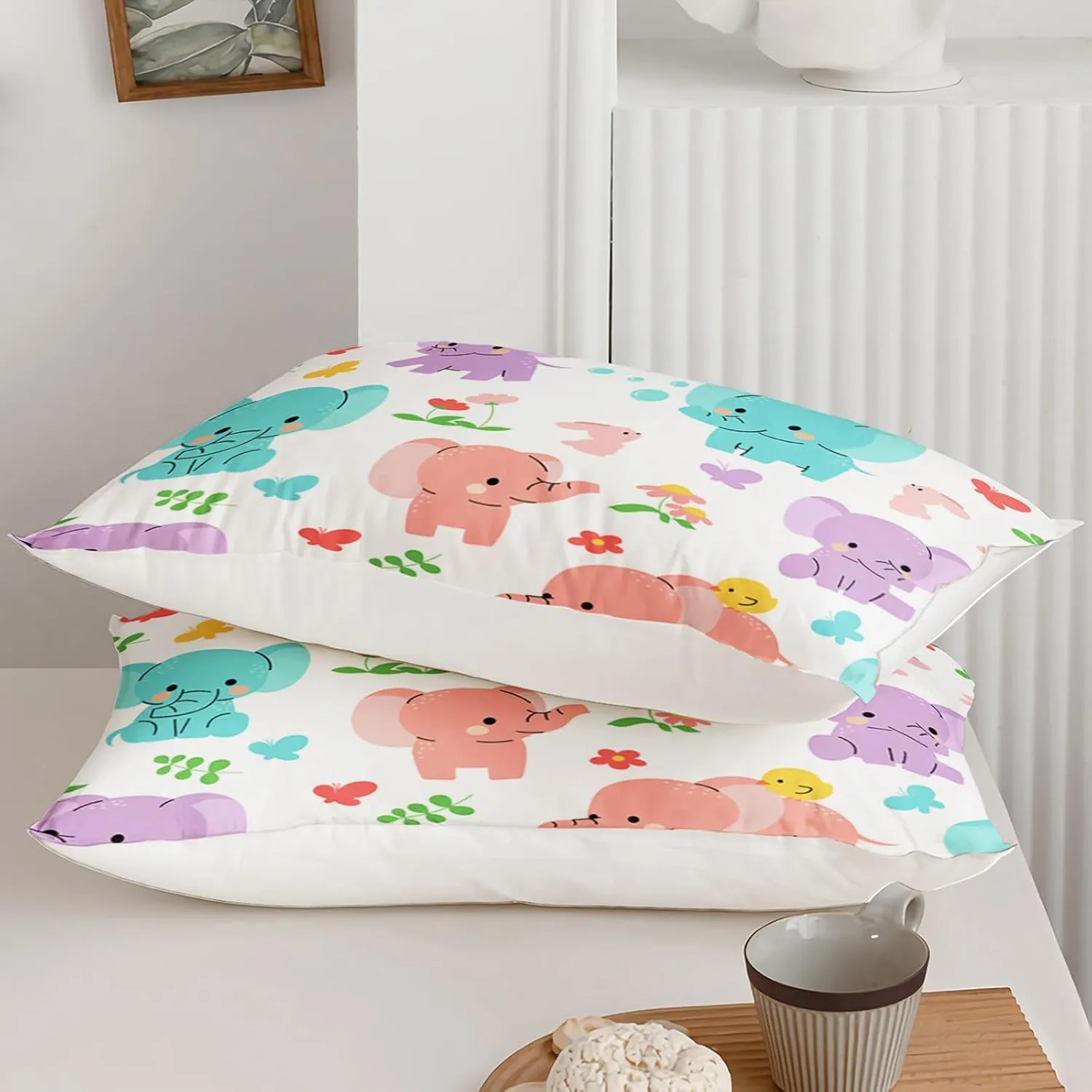 Axolotl Cartoon Elephant Sheets Set Queen,Elephant Bed Sheet,Elephant Fitted Sheets,Floral Fitted Sheet,Elephant Flat Sheet Cute Bedding for Kids Girls Teens,1 Flat Sheet 1 Fitted Sheet 2 Pillowcases