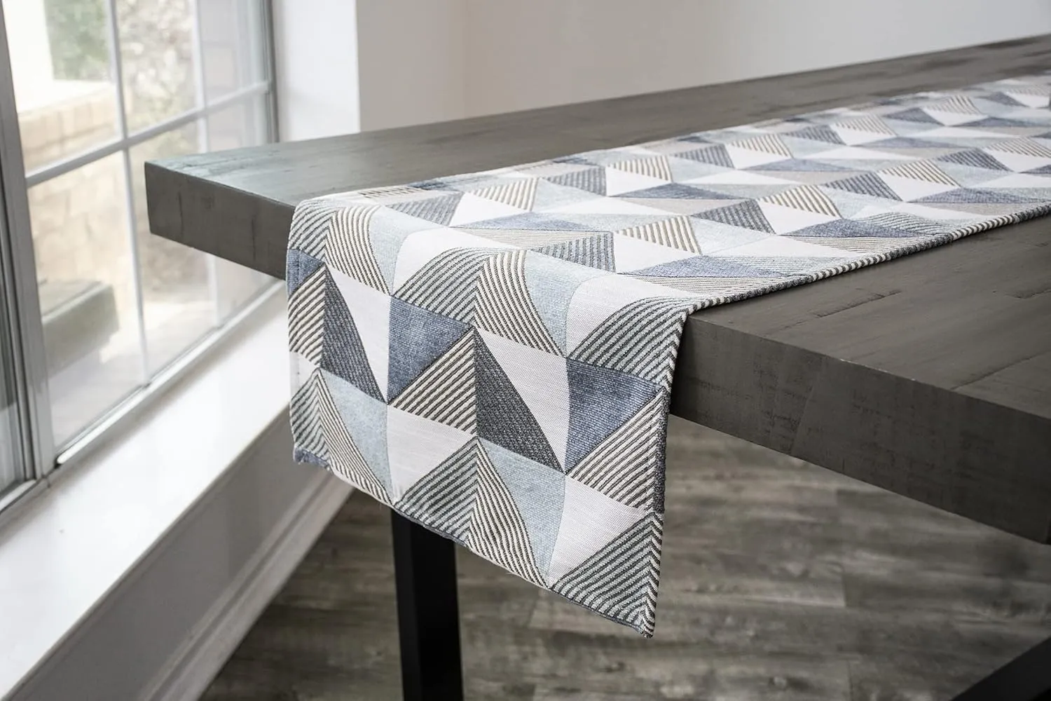 Beautiful Table Runner Features a Classic-Inspired Vibrant Color Triangle Pattern with Blue and Gray Chenille Fabric Dresser Scarf, Coffee Table Runner, Furniture Cover (16Wx90L)