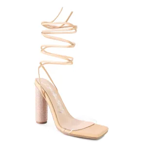 Beige Lace Up Diamante High Heel Sandal