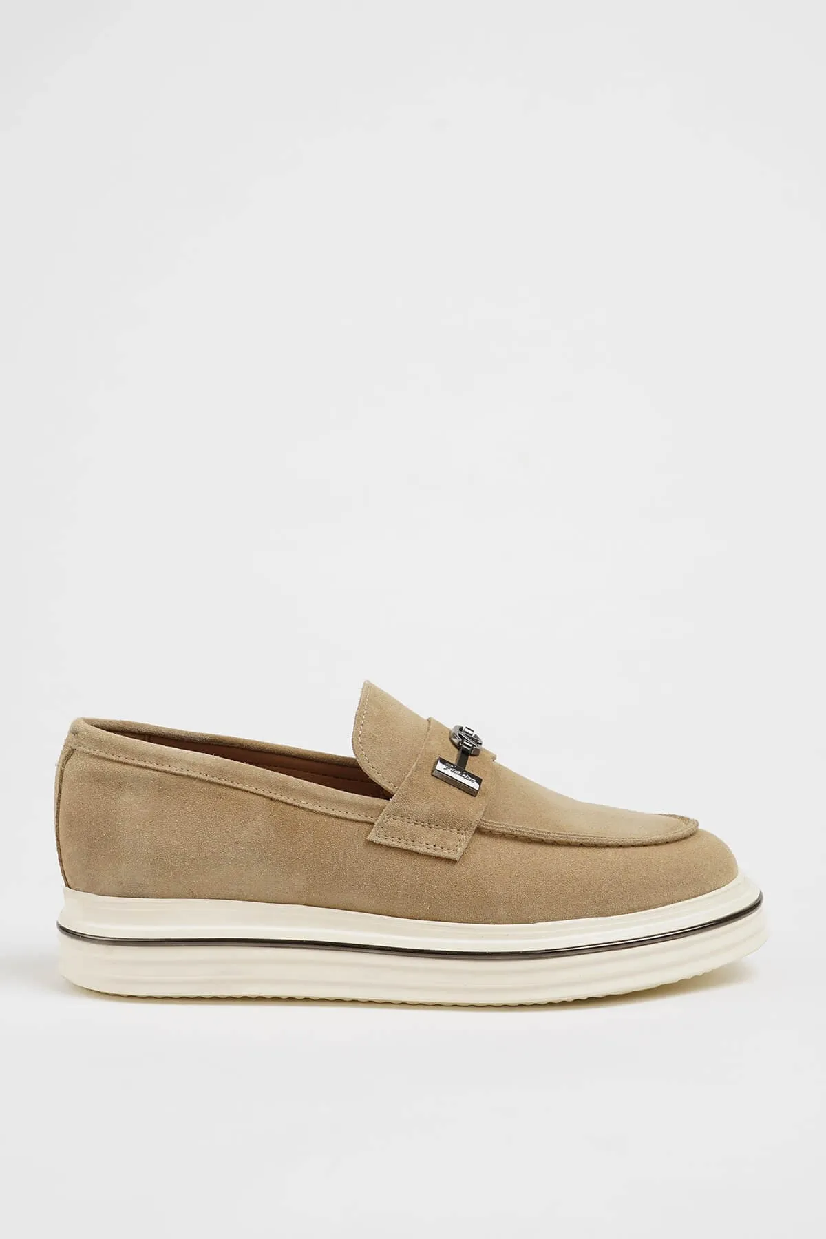 Beige Nubuck Leather Horsebit Slip-On Loafers