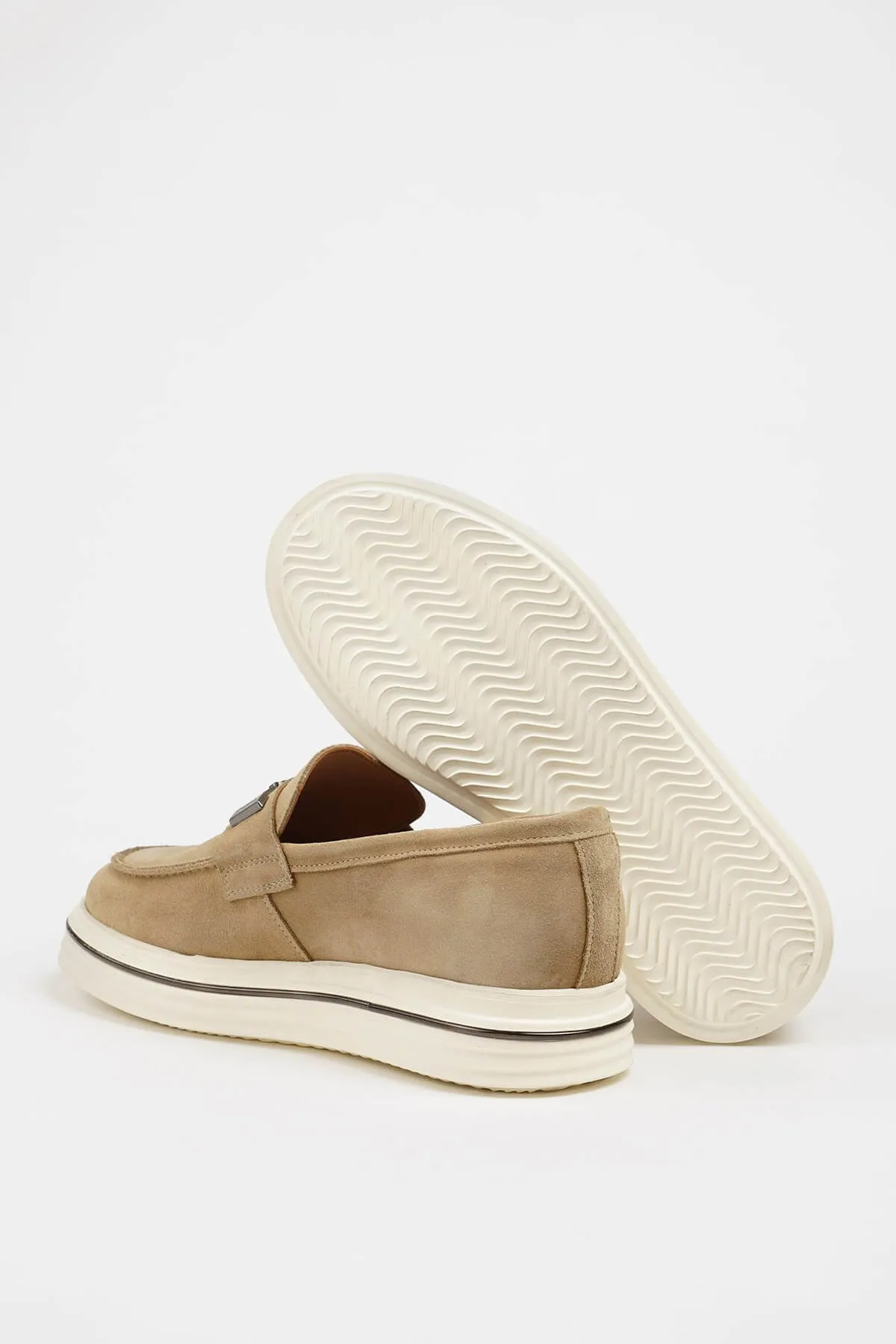 Beige Nubuck Leather Horsebit Slip-On Loafers