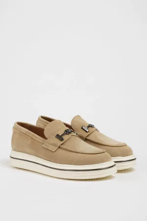 Beige Nubuck Leather Horsebit Slip-On Loafers