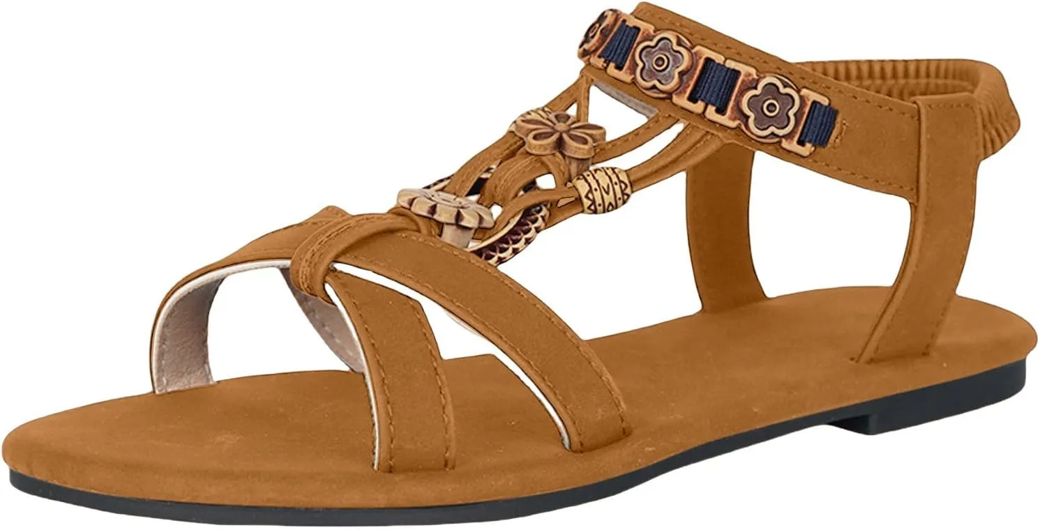 Bohemian Sandals for Women 2025 Summer Beach Comfortable Walking Shoes Ladies Dressy Casual Elastic Jeweled Boho Flat