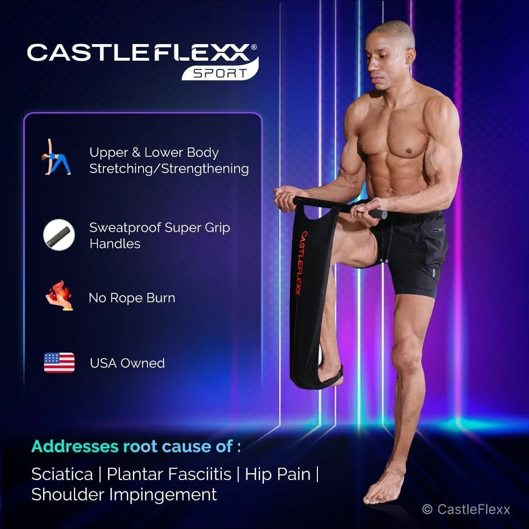 CastleFlexx Sport Mobility and Full Body Strengthening Device |Non-Elastic Stretch Strap with Super-Grip Tactical Silicone Handles for Exercise, Stretching, Therapy & Yoga |Height 5’9”