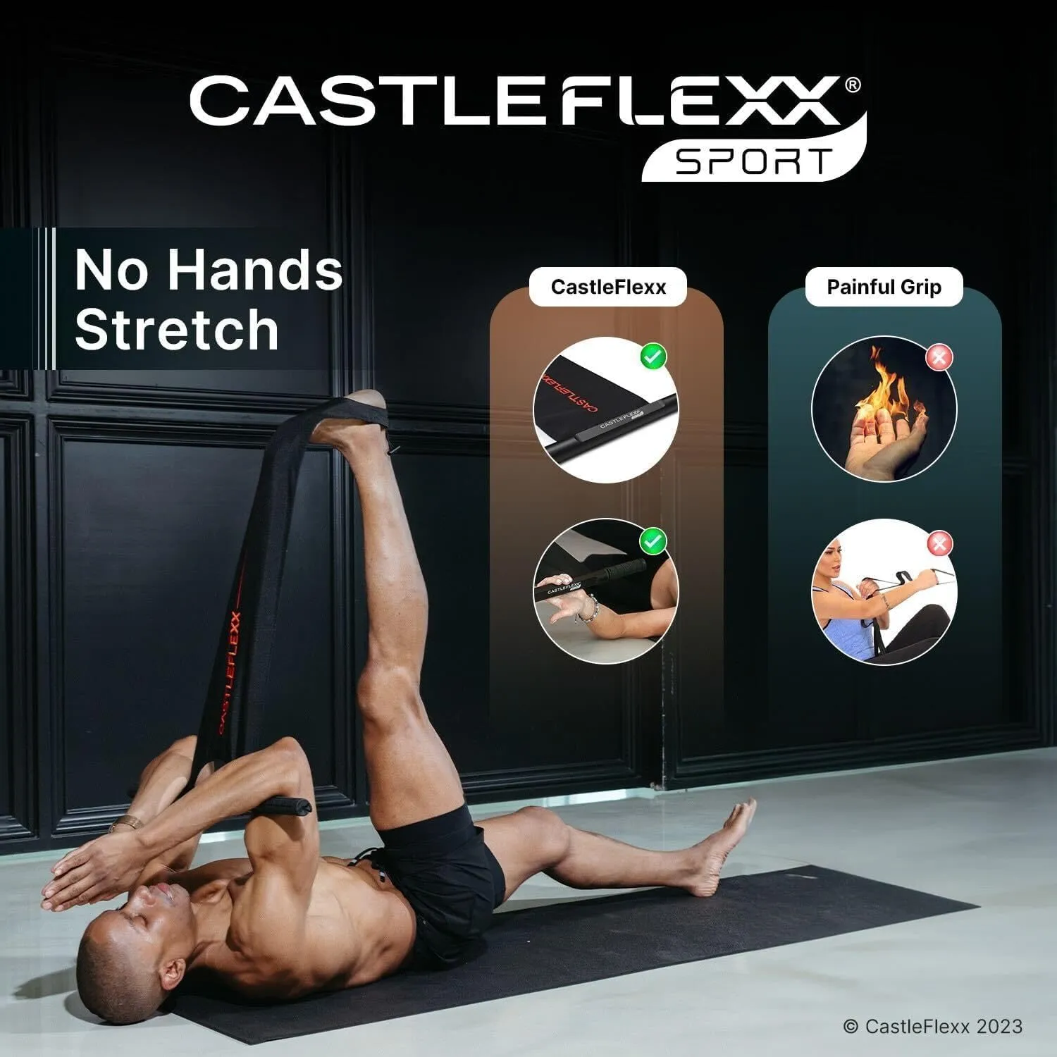 CastleFlexx Sport Mobility and Full Body Strengthening Device |Non-Elastic Stretch Strap with Super-Grip Tactical Silicone Handles for Exercise, Stretching, Therapy & Yoga |Height 5’9”