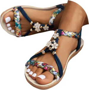 Casual Bohemian Beach Sandals Orthopedic Wedge Sandals for Women Ankle Strap Flip Flops Open Toe Jeweled Flat Sandal 2025 Dressy Comfortable Beach Vacation Shoes