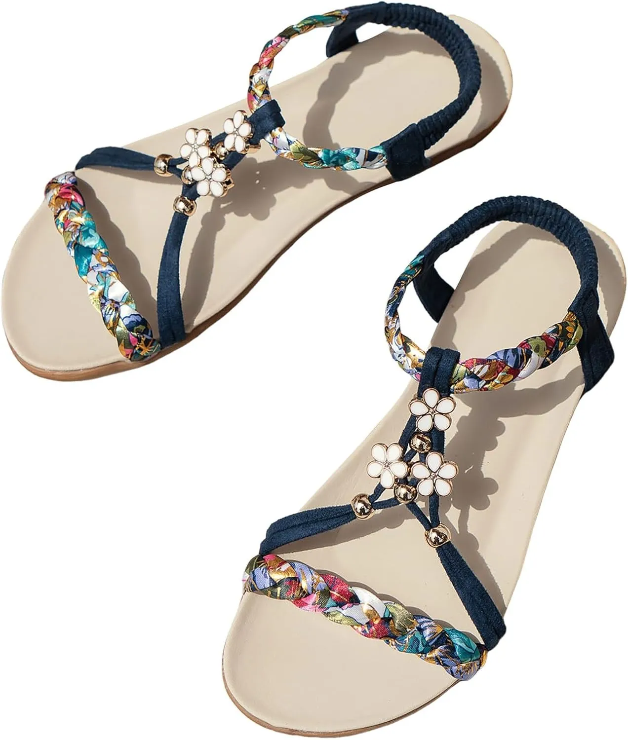 Casual Bohemian Beach Sandals Orthopedic Wedge Sandals for Women Ankle Strap Flip Flops Open Toe Jeweled Flat Sandal 2025 Dressy Comfortable Beach Vacation Shoes