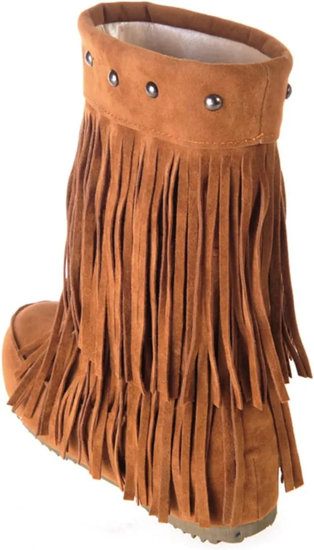 Ciuyurra Classic Double Fringe Moccasin Boots Mid Calf Women Flat