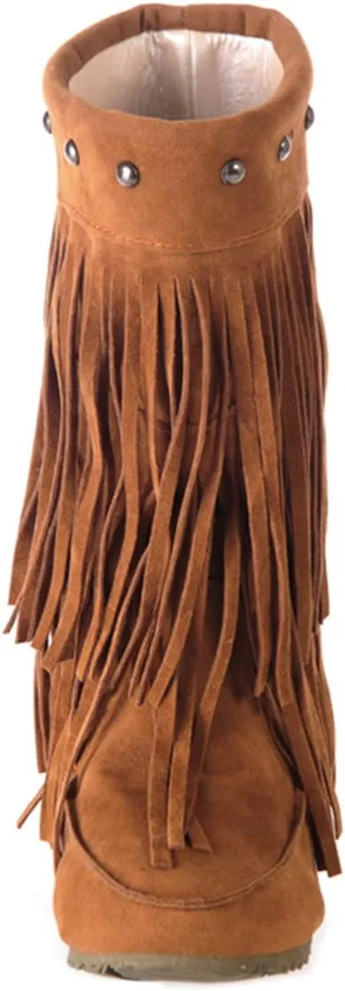 Ciuyurra Classic Double Fringe Moccasin Boots Mid Calf Women Flat