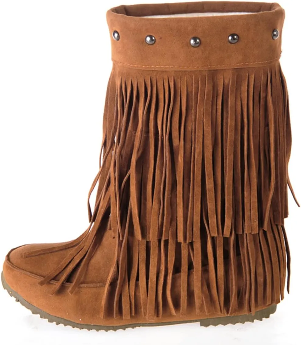 Ciuyurra Classic Double Fringe Moccasin Boots Mid Calf Women Flat