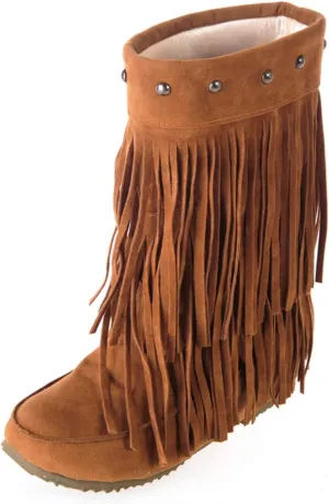 Ciuyurra Classic Double Fringe Moccasin Boots Mid Calf Women Flat