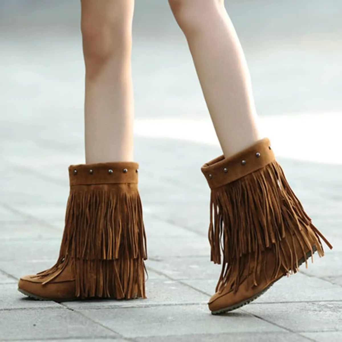 Ciuyurra Classic Double Fringe Moccasin Boots Mid Calf Women Flat