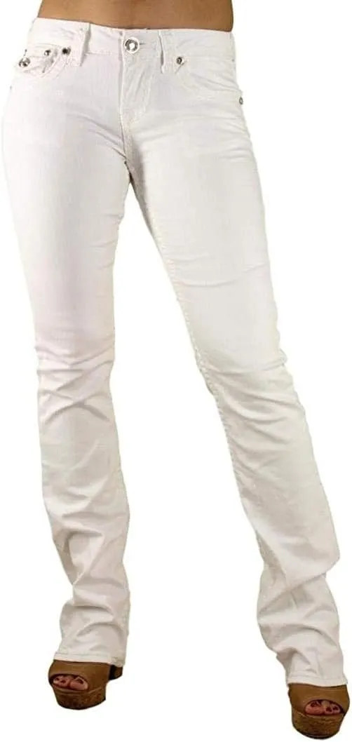 Classic Rhinestone Studded White Denim Bootcut Jeans