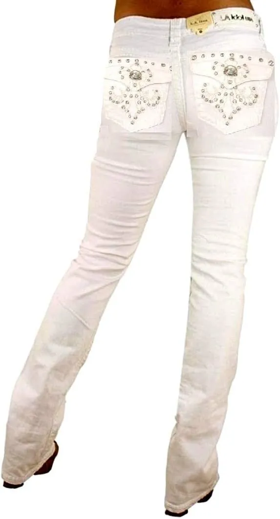 Classic Rhinestone Studded White Denim Bootcut Jeans