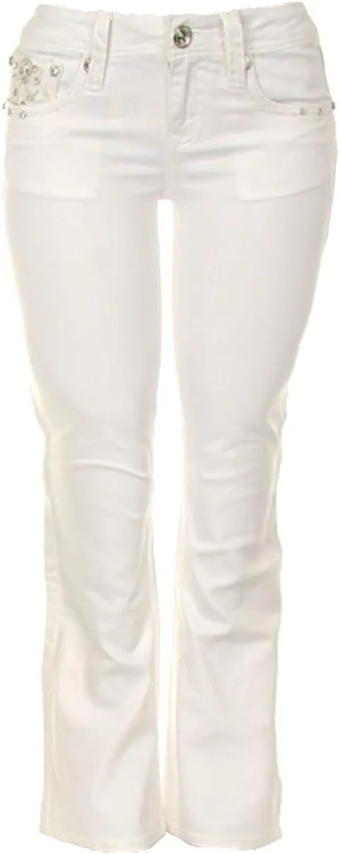 Classic Rhinestone Studded White Denim Bootcut Jeans