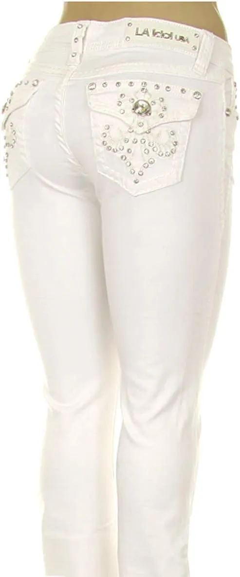 Classic Rhinestone Studded White Denim Bootcut Jeans