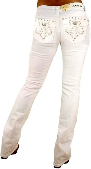 Classic Rhinestone Studded White Denim Bootcut Jeans