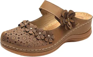 Clogs for Women Dressy Summer Closed Toe Wedge Sandals Casual Walking Shoes Hollow Out Vintage Anti Slip Slippers Flower Design Slip On Shoes